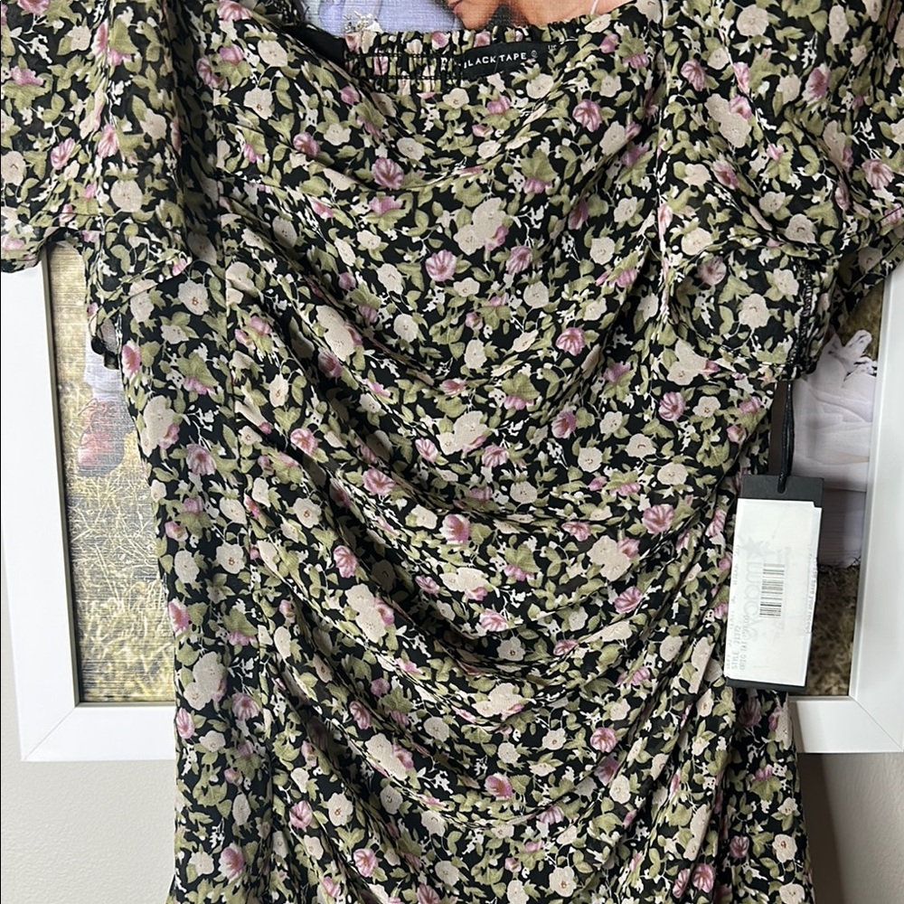 Black tape _ Floral Black Dress with green and pink florals - Picture 3 of 6